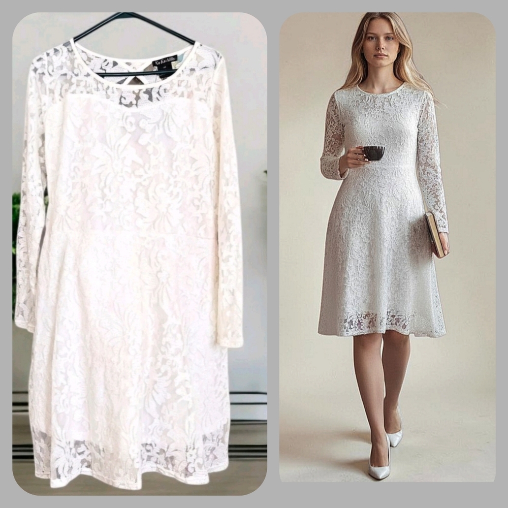 KoKo-Ailis White Lace Dress Midi Long Sleeve Keyhole Back 2X Party Wedding NWT
